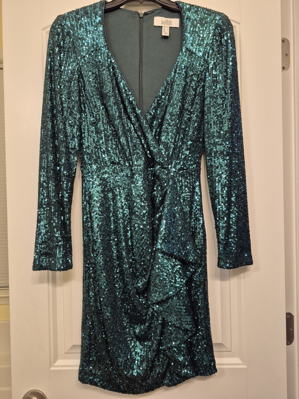 Badgley Mischka Teal Sequin Long-Sleeve Party Dress